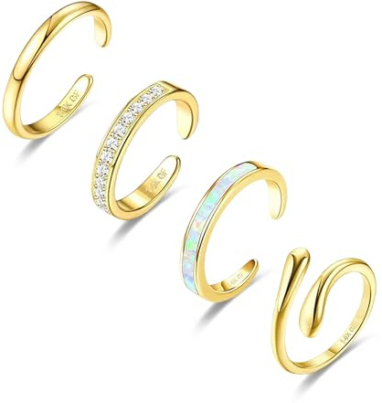 LOFITOR 4 Stück Zehenringe Gold 14K für Damen wasserfest Zehenring Set | Verstellbare Vergoldet Offene Fußringe Gold Mit Opal, Zirkonia Und Herz Fußschmuck Für Sommer, Strand Und Urlaub