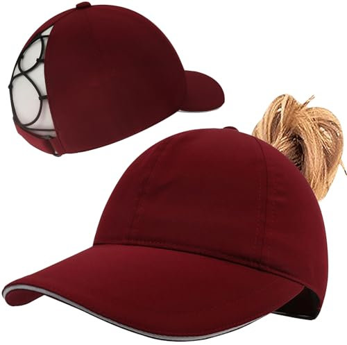 Enwokran Damen Pferdeschwanz Mütze, überkreuzte Baseballkappe Hohe Messy Bun Ponykappe Schnell Trocknende Mütze mit Pferdeschwanz Loch UV-Schutz Sommer Sonnenhut Outdoor Sportkappe (Rotwein)