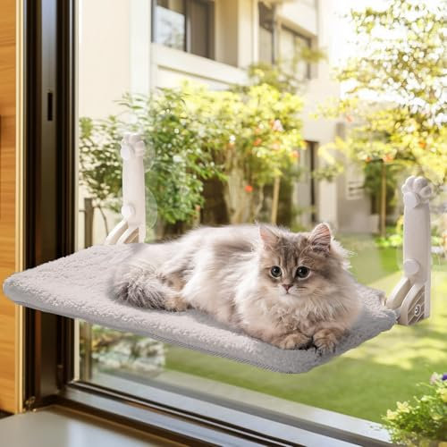 MEWOOFUN Hamaca de cama con ventana para gatos de interior – Percha plegable para ventana de gato con alfombrilla reversible, ventosas fuertes mejoradas resistentes (gris, S)