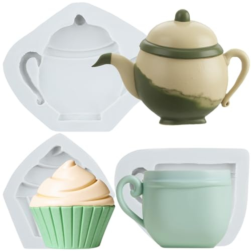 Sijiangmold Teapot Silicone Moulds Tea Cup Cupcake Fondant Mould Set of 3 | Tea Party Cake Decoration Chocolate Cupcake Topper Candy Polymer Clay Gum Paste