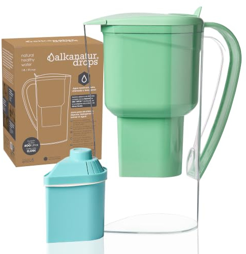 Wasserfilter Kanne Grün 1,4 L für Leitungswasser Niedrige Emission Ohne BPA | Alkalisches Wasser pH 9 Niedrige Emissionen Aktivkohlefilter 2-Stufige Filtration Gegen Kalk Chlor Schwermetalle BPA-Frei
