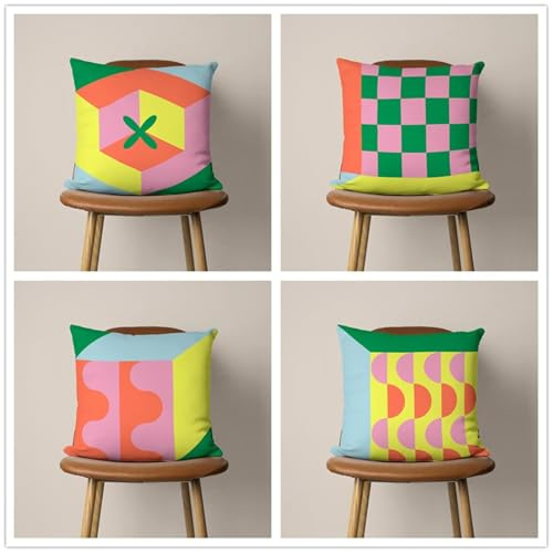 QiHon 4er Set Outdoor Kissenbezüge 40x40 cm Orange Pink Leinen Dekorative Kissenhülle Plaid Grün Saisonnal Zierkissenbezüge Modern Sofakissen Kissenbezug für Sofa Wohnzimmer Zuhause Dekoration