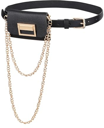 CHIC DIARY Mini Hüfttasche Taillengürtel mit Kleiner Tasche Damen Mode Bauchtasche Gürteltasche Schwarz Gürtel mit Kette