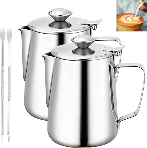 GOMETY 2 bricco per latte in acciaio inox da 350 ml con coperchio, bricco per latte, bricco per caffè, schiumatore per panna, accessorio per caffè barista, con ago per cappuccino