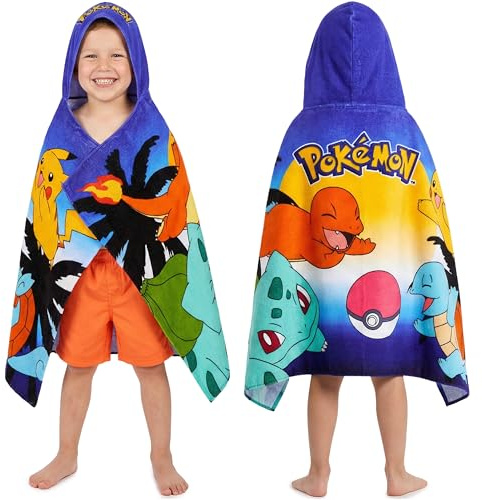 Pokemon Badeponcho Kinder mit Kapuze 125x75cm, 100% Baumwolle Kapuzenhandtuch Jungen, Sommer Kapuze Handtücher, Badetuch Poncho für Strand Pool, Geschenke für Kinder (Multi Pokemon)