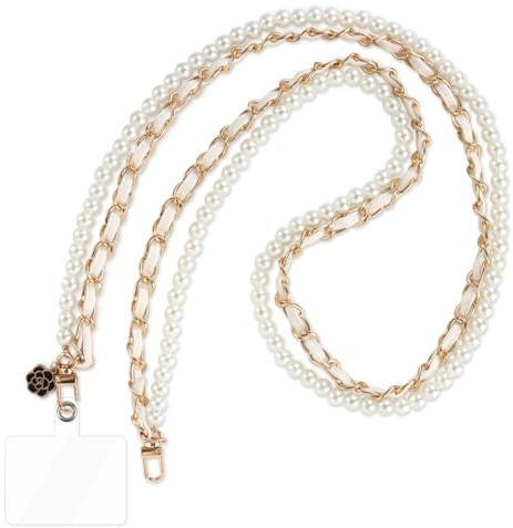 Jrkvniv Cordon Téléphone Portable Universelle avec Patch, Perle Pearl avec Patchs Tether,Anti-Perte, Compatible avec des Smartphones Lanyard, pour Femmes et Filles-Blanc