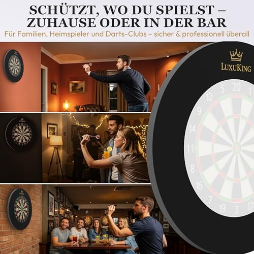 LuxuKing® Dart Surround Schutzring für Dartscheibe & Dartboard – 4-teiliger Dartschutzring/Catchring, 3 cm stark, beidseitig nutzbar, inkl. Eva-Füllband & Gratis Abwurflinie - Wand & Pfeilschutz