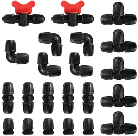 Hydrogarden Kit de 22 accesorios de riego para mangueras de 8/12 mm - 5 piezas en T, 5 acoplamientos, 5 extremos, 5 codos, 2 válvulas de conmutación - Conector con púa