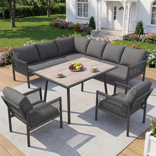Gartenmöbel Set für 7-8 Personen,Gartenlounge-Set,1 Tisch mit Holzoptik-Glasplatte,2 Handgeflochtenen Sesseln,1 Sofa,Eisengestell,Inklusive Aller Kissen und Sitzkissen,für Garten und Terrasse (Grau)