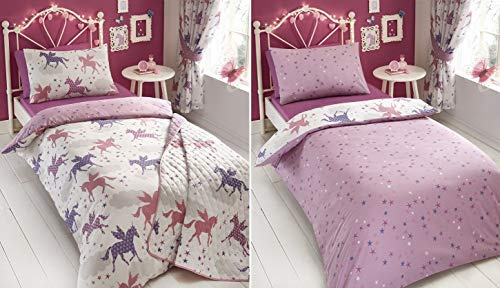 Kidz Club Divine Unicorn Duvet Quilt Cover and 2 Pillowcase Bedding Set For Girls, Pink