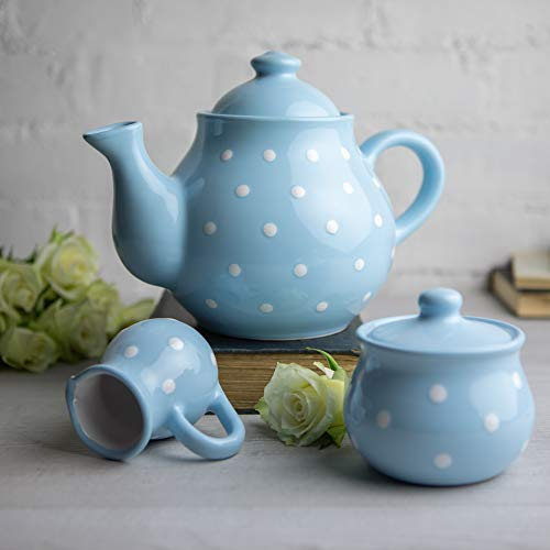 City to Cottage® Light Sky Blue and White Polka Dot Spotty Handmade Hand Painted Ceramic Large 1,7l/60oz/4-6 Cup Teapot Milk Jug Sugar Bowl Set