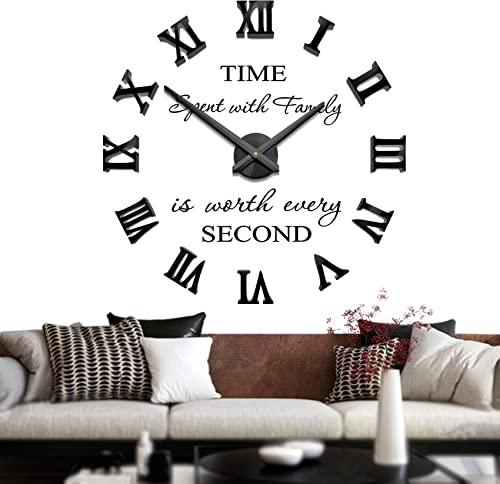 Mintime Rahmenlose 3D DIY Wanduhr XXL Stumm Spiegel Aufkleber Home Office Schule Dekoration (Schwarz-87)