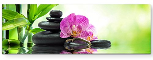 Paul Sinus Art Leinwandbilder | Bilder Leinwand 120x40cm pinke Orchideen schwarze Steine und Bambus auf dem Wasser