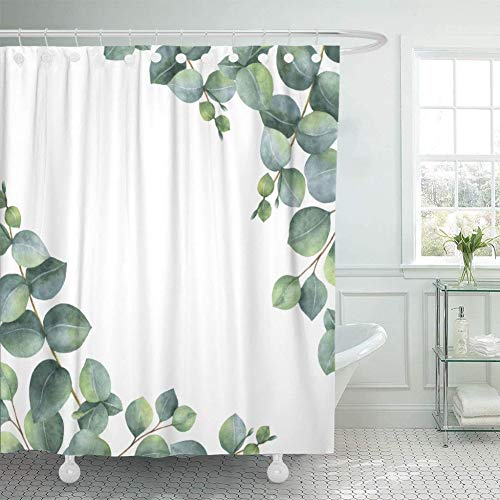 FimGGe Stoff-Duschvorhang mit Haken-Aquarell-Handgrün-Blumen mit Eukalyptus-Blättern und Niederlassungen Weiße heilende Kräuter dekorativ-180cm * 180cm
