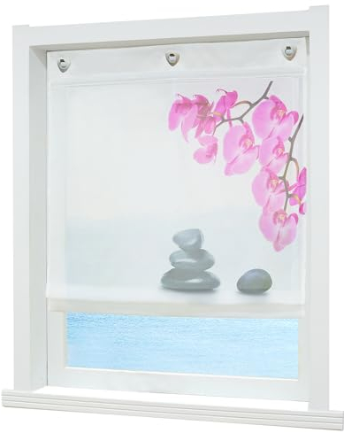 ESLIR Raffrollo Ohne Bohren Gardinen Küche Raffgardinen mit Ösen Transparent Ösenrollo Vorhänge mit Blumen Druck Voile Weiß BxH 60x140cm 1 Stück