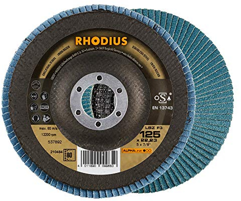 RHODIUS LSZ F3, 10x Ø 125 mm K80 Fächerschleifscheiben, Made in Germany, Metall Schleifscheibe für Winkelschleifer, Lamellenscheibe, Fächerscheibe