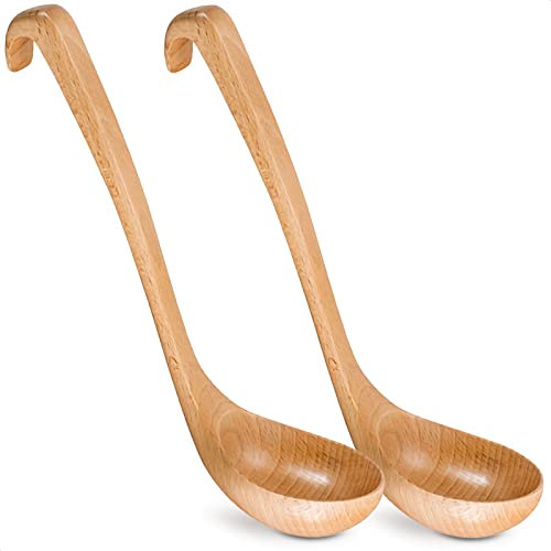 Lot de 2 louches en bambou – Louche en bois de 27 x 7,1 cm pour soupe et sauces, pelle profonde avec surface laquée – Cuillère de cuisine en bambou résistante à la chaleur avec poignées à crochet pour
