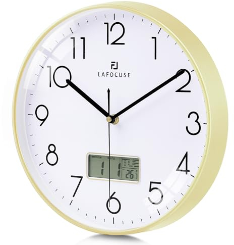 Lafocuse Lautlos Wanduhr mit Kalender Digital LCD, Modern Wanduhr mit Datum Wochentag und Thermometer, Gold Analog Quarzuhr für Wohnzimmer Schlafzimmer Büro Küche 30cm