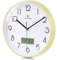 Lafocuse 12 Inch Silent Gold Wall Clock with Date and Day, Temperature, Day of Week, Kitchen Wall Clocks for Living Room Modern, LCD Digital Wall Clock Battery Operated Office Bedroom