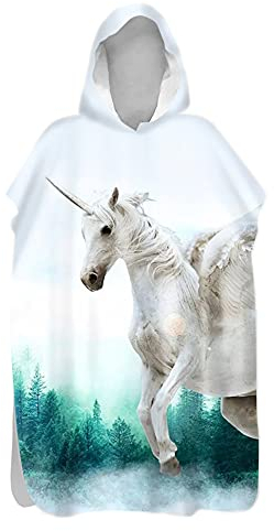 Morbuy Kinder Badeponcho mit Kapuze, Einhorn-Druck Bademantel Mikrofaser Weich Badetuch Schnelltrocknend Surf Poncho für Mädchen Jungen Erwachsene Schwimmen Strand (60x80cm,Weißes Einhorn)