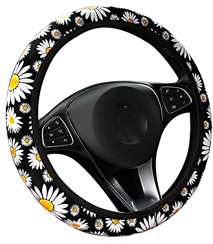 Bunte Blumen Stoff Universal Auto Lenkradbezug Lenkradhüllen Lenkradabdeckung Anti-Rutsch Schweiß absorbieren Auto Wrap Lenkrad Abdeckung Lenkradschoner Autozubehör für Damen 37-38cm,Gänseblümchen