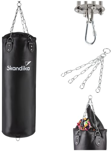 Skandika Boxsack gefüllt für Erwachsene 90 cm, 25 kg | Punching Bag Vierpunkt-Stahlkette, mit Füllung und Deckenaufhängung, hängend |Sandsack Boxing Bag für Muay Thai, Kickboxen und MMA