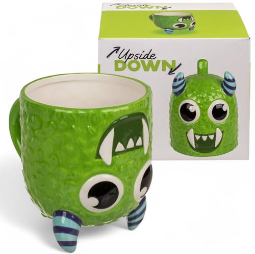 MIJOMA Upside-Down-Mug Kopfüber-Tasse – Lustiger Kaffeebecher aus Keramik – Umgedrehter Henkelbecher für Kaffee & Tee – 500 ml (Monster grün)