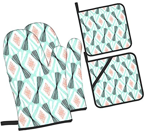 Ofenhandschuhe und Topflappen im 4er-Set, widerstandsfähige Hot Pads mit rutschfesten BBQtter Mint-Handschuhen aus Polyester für Küche, Kochen, Backen, Grillen