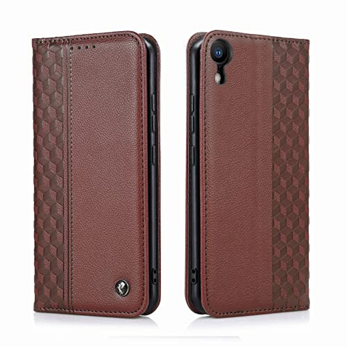 TOHULLE Case for iPhone XR, Premium PU Leather Wallet Case Card Holder Kickstand Built-in Magnet Shockproof Plaid Pattern Flip Folio Phone Case Cover for iPhone XR - Brown