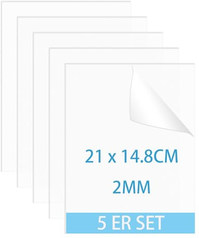QEEYON 5 Pcs Plaque Acrylique Transparente 2mm, A5 Feuilles Acryliques 210 X 148mm Feuilles en Acrylique avec Film Protecteur pour Cadre Photo, Présentation de Projet, Peinture