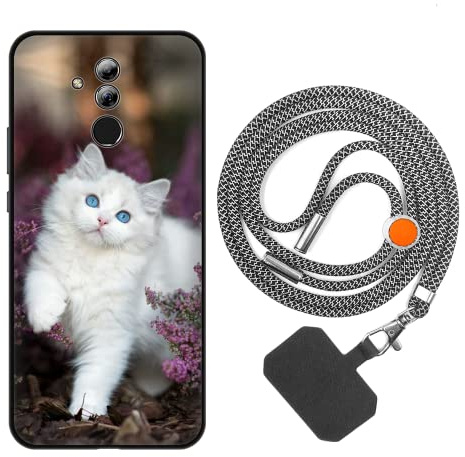 vingarshern Coque Compatible avec Huawei Mate 20 Lite Antichoc Silicone Bumper Case Étui de Protection Housse Coque avec Motif,Souple Coque avec Cordon Detachable,Chat Blanc