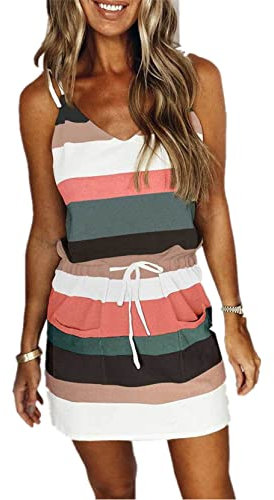 TOPLAZA Vestido de Verano Playa Mujer Mini con Bolsillo Tirantes Escote en Pico, Verde, S