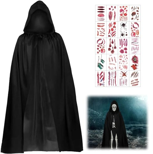 JOKILY Halloween Kostüm Set, 90CM Schwarzer Umhang mit Kapuze Cape, Kapuze Cape Vampir Kostüm mit 20 Halloween Kmporäre Tattoos, Unisex Kostüm Sensenmann für Erwachsene Halloween Cosplay Dekoration