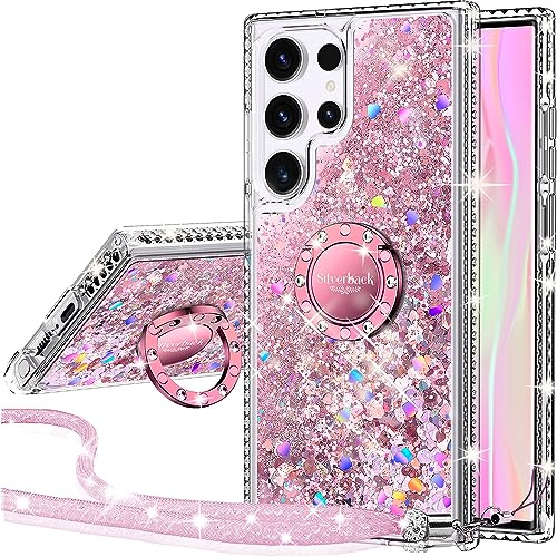 Miss Arts für Samsung S23 Ultra Hülle, [Silverback] Mädchen Glitzern Handyhülle mit Ringständer, Cover Silikon Clear Schutzhülle für Samsung Galaxy S23 Ultra 5G - Rosa