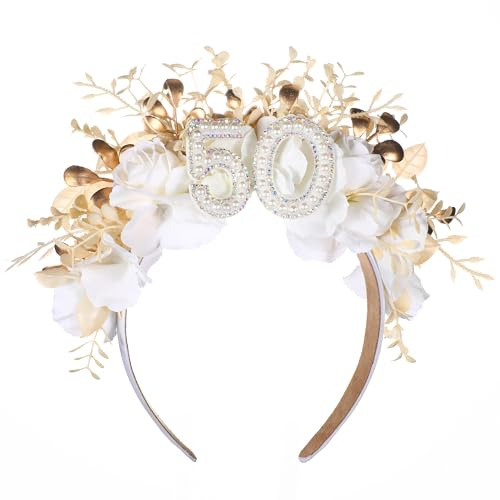 PartyforU Haarband - Handgefertigte Krone zum 50. Geburtstag mit Blumen und Perlen für Frauen