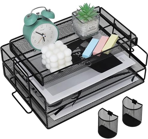PLSOPPKG Stackable Paper Tray Mesh for Desk, 2-Tier Metal Mesh Letter Tray Desk Organiser with Top Stationery Holder for Office, School and Home