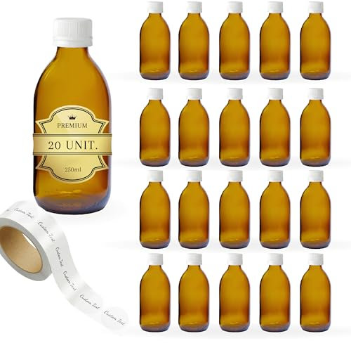 20 botellas vacías de cristal ámbar de 250 ml con tapa de plástico + 20 etiquetas adhesivas personalizadas – Botella para aceites esenciales, cosméticos, laboratorio, medicamentos