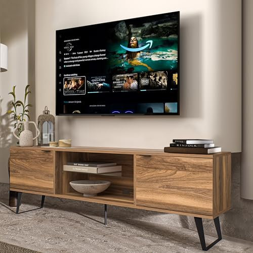 Atelier Mobili Mid Century Moderne Tür Glasregal TV-Ständer mit Stauraum für Fernseher bis 203,2 cm (80 Zoll) Medienkonsole für Wohnzimmer, Entertainment Center oder Bauernhaus TV-Ständer (Nussbaum)