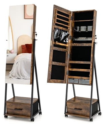 COSTWAY Schmuckschrank mit Spiegel, Schmuck Spiegelschrank mit Schublade, auf Rollen, abschließbar, freistehend, 42 x 38 x 157 cm (Vintage)
