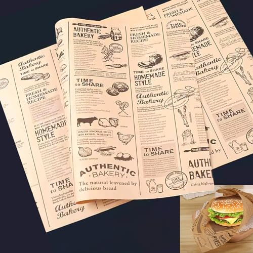 100 Eco-Friendly Greaseproof Paper Sheets, Oil Proof Papers Waterproof Tear Resistant 25x25cm-Ideal for Food Gift Wrapping, Baking, Old Newspaper Printing Style-Perfect for Burgers Fries Sandwiches