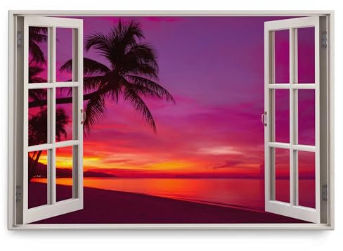 Paul Sinus Wandbild 120x80cm Fensterbild Abendrot Strand Palme Rot Horizont Traumstrand