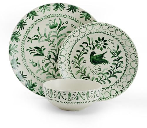 Fitz and Floyd Sicily Green 12 Piece Dinnerware Plate Bowl Set, Service for 4