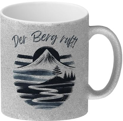 Berg und Wald Wanderer Glitzer-Kaffeebecher mit Spruch Der Berg ruft Aquarell-Design Wanderlust Inspirierend Natur Berge Wandern Entspannende Wanderung Tasse