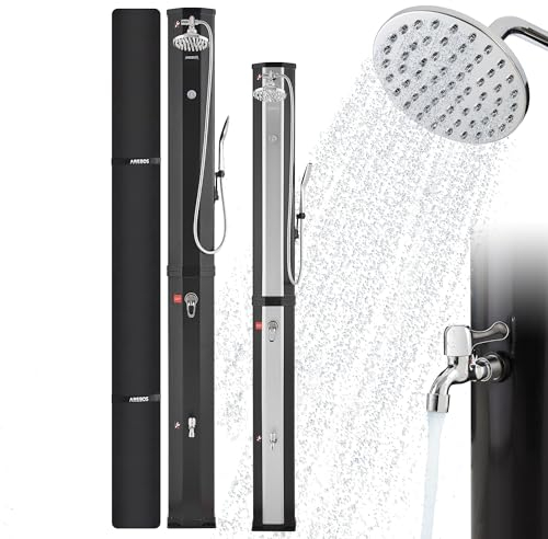 Arebos Solardusche 60 L | mit Handbrause & Thermometer | Wassertemperatur bis zu 60°C Pooldusche Camping | runder Duschkopf | Snap-In Technologie | Inkl. Abdeckhaube | Schwarz