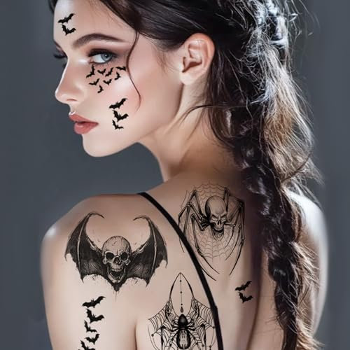 Tatouage Araignée Halloween Squelette Chauve-souris 6 Feuilles 3D Réaliste Tatouage Visage Halloween Adulte Tatouage Temporaire Araignées Mascarade Costume Maquillage Accessoires