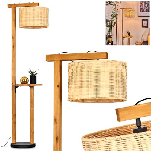 Stehleuchte Almogarve, Stehlampe aus Holz/Metall/Rattan/Korb in Natur/Schwarz, Leuchte im skandinavischen Design, Ø 50 cm, Ablagefläche u. Fußschalter, Höhe 171,5 cm, 1 x E27, ohne Leuchtmittel