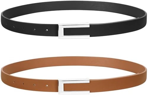 SUOSDEY 2 Pack Schmaler Gürtel für Damen, Dünner Ledergürtel Mode Taillengürtel für Kleid Jeans mit Silberneschnalle schwarz+braun