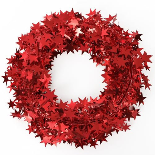 GEBETTER 2Pcs x 7,5m Guirnaldas Espumillón Navidad Alambre Estrellas Rojas Decoración Navideña Árbol Escalera Caja Regalo Pared Ventana Hogar Adorno Fiesta Disfraz Carnaval Manualidades (Rojo)