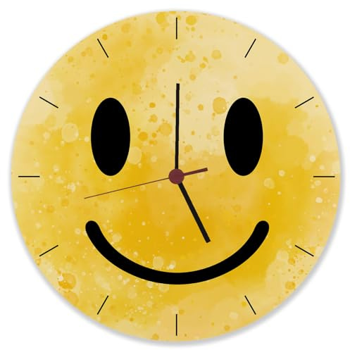 speecheese Grinsendes Emoticon gelbe Wanduhr aus Alu witzige Uhr mit gelbem Strichgesicht für Gute Laune auf der Arbeit im Büro oder einfach als lustige Dekoration