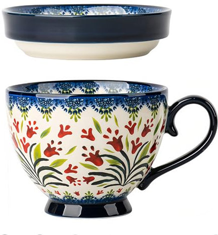 Dowbom Soup Mug With Lid, 500ml Microwave Soup Bowl, Ceramic Soup Mug, Breakfast Bowl, Bouillon Cup (Flower-H,500ml)